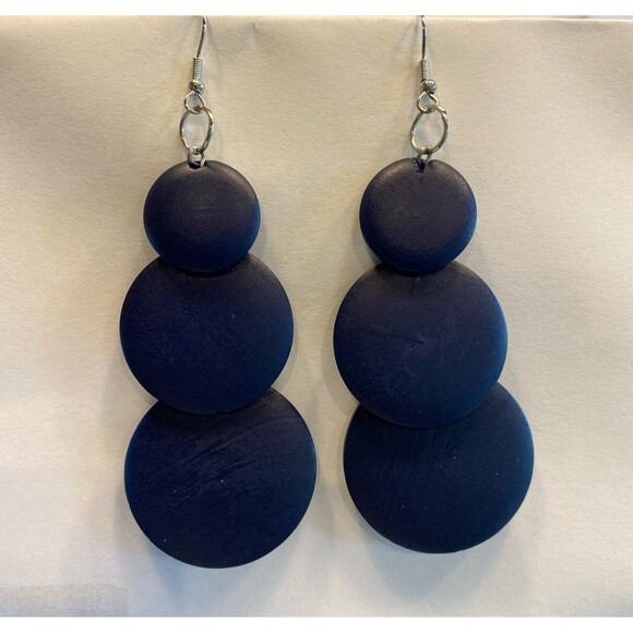Earrings Navy Blue Dangle Teardrop
Wooden Boho Modern Round Hippie statement NEW - Picture 1 of 4